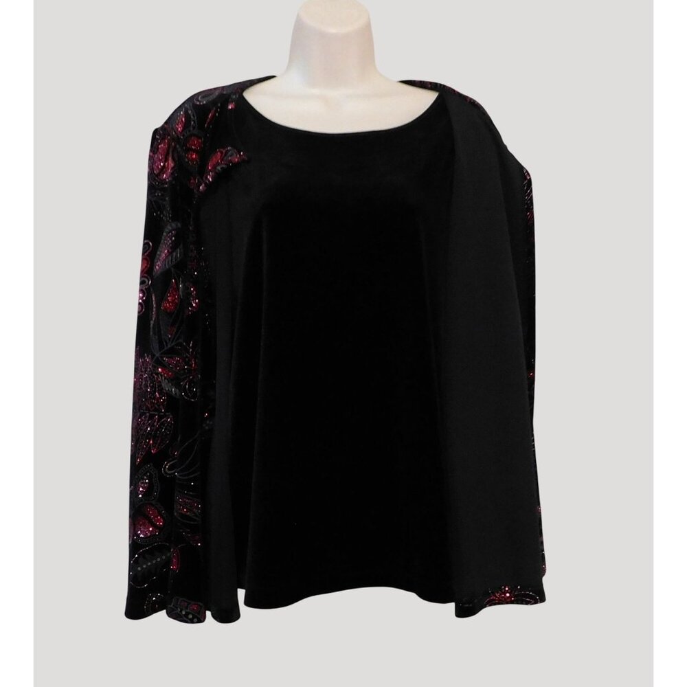 Notations Glittery Jacket XL Black Red Sparkling Floral Print Attached Tank - Picture 5 of 9